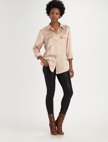 The perfect wardrobe essential, crafted from sumptuous satin with a versatile long hem.Point collarButton frontTwo flap chest pocketsLong sleeves with button cuffsBack yoke and box pleatShirttail hemAbout 29 from shoulder to hemSilkDry cleanImportedModel shown is 5'9½ (177cm) wearing US size small.