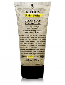 Non-greasy styling gel provides definition with long-lasting hold and manageability. Enriched with silk powders, vitamin E and readily absorbed natural extracts. This transparent formula styles and holds hair without flaking or drying out and provides incredible shine. Thickener and holding polymers separate and hold. For all hair types. 5.0 oz. 