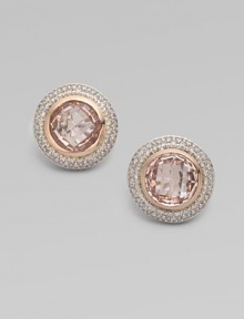 From the Albion Cerise Collection. A beautifully feminine style with a faceted morganite stone set in 18k rose gold, surrounded in two rows of sparkling diamonds. MorganiteDiamonds, .72 tcw18k rose goldSize, about ¼Post backImported 