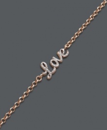 Add a little love. Studio Silver's delicate style can be worn alone to make a romantic statement, or paired with other sweet designs for a trendy layered effect. Bracelet crafted in 18k rose gold over sterling silver features the cursive word Love with crystal decor. Approximate length: 7-1/4 inches. Add a little love. Studio Silver's delicate style can be worn alone to make a romantic statement, or paired with other sweet designs for a trendy layered effect. Bracelet crafted in 18k rose gold over sterling silver features the cursive word Love with crystal decor. Approximate length: 7-1/4 inches.