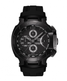 Inspired by moto-racing, the T-Race watch by Tissot blends dark details with speedy precision. Crafted of black rubber strap and round PVD stainless steel case. Black chronograph dial features tachymeter scale, minute track, date window at three o'clock, three hands, numerals at six and twelve o'clock, three subdials and logo. Swiss automatic movement. Water resistant to 100 meters. Two-year limited warranty. Inspired by moto-racing, the T-Race watch by Tissot blends dark details with speedy precision. Crafted of black rubber strap and round PVD stainless steel case. Black chronograph dial features tachymeter scale, minute track, date window at three o'clock, three hands, numerals at six and twelve o'clock, three subdials and logo. Swiss automatic movement. Water resistant to 100 meters. Two-year limited warranty.