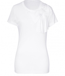Stylish top in fine, white modal - A chic, ultra-feminine twist on the classic t-shirt - Short sleeves and crew neck - Oversize bow embellishment at left shoulder - Long, lean silhouette tapers gently at waist - Hip yet sweet, ideal for both work and play - Layer beneath a blazer or pair with jeans, a pencil skirt or dressy shorts