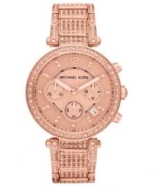 The rosy design on this Parker watch by Michael Kors gets a sophisticated upgrade with crystal sparkle. The rosy design on this Parker watch by Michael Kors gets a sophisticated upgrade with crystal sparkle.