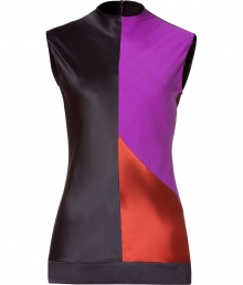 Luxurious top of finely patterned black silk stretch - Fashionable color blocking look - Mix of sophisticated and sexy - Fitted, slightly longer silhouette, with a small stand collar, sleeveless - A classy evening top that pairs with leather pants, a pencil skirt, tuxedo pants Luxurious top of finely patterned black silk stretch - Fashionable color blocking look - Mix of sophisticated and sexy - Fitted, slightly longer silhouette, with a small stand collar, sleeveless - A classy evening top that pairs with leather pants, a pencil skirt, tuxedo pants