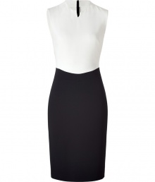 Elegant dress in fine synthetic fiber blend - Stylish color blocking in black and ivory - Feminine case cut with a narrow top and pencil skirt - Small crew neck with slit, sleeveless with zipper closure at back - Perfect choice for business or cocktails - Add favorite heels and bag for a complete look