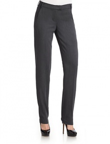 THE LOOKFlat-frontNarrow waistband with belt loopsFront zipperDual side pocketsTapered hemTHE FITInseam, about 30THE MATERIAL99% virgin wool/1% elastaneCARE & ORIGINDry cleanImportedModel shown is 5'11 (180cm) wearing US size 4. THE LOOKFlat-frontNarrow waistband with belt loopsFront zipperDual side pocketsTapered hemTHE FITInseam, about 30THE MATERIAL99% virgin wool/1% elastaneCARE & ORIGINDry cleanImportedModel shown is 5'11 (180cm) wearing US size 4.