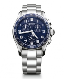 Timelessness is always on trend. Watch by Victorinox Swiss Army crafted of stainless steel bracelet and round case with blue bezel and anti-reflective sapphire crystal. Blue chronograph dial features applied luminous numerals, tachymeter scale, date window at six o'clock, three subdials, luminous hands and logo. Swiss quartz movement. Water resistant to 100 meters. Three-year limited warranty. Timelessness is always on trend. Watch by Victorinox Swiss Army crafted of stainless steel bracelet and round case with blue bezel and anti-reflective sapphire crystal. Blue chronograph dial features applied luminous numerals, tachymeter scale, date window at six o'clock, three subdials, luminous hands and logo. Swiss quartz movement. Water resistant to 100 meters. Three-year limited warranty.