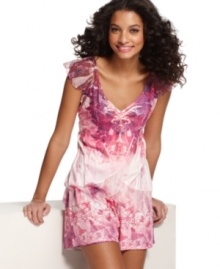 Pink and red designs with ruffle accents are oh-so-pretty. Put on this top and shorts pajamas set by One World and you'll be one step closer to a great night's sleep. Pink and red designs with ruffle accents are oh-so-pretty. Put on this top and shorts pajamas set by One World and you'll be one step closer to a great night's sleep.