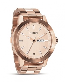 Be fashionably on time. With chunky-chic gold bracelet, Nixon's classically styled chronograph makes a handsome complement to this season's boy-borrowed looks. Be fashionably on time. With chunky-chic gold bracelet, Nixon's classically styled chronograph makes a handsome complement to this season's boy-borrowed looks.