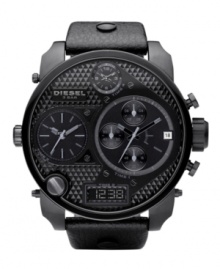 Dark-as-night, industrial-strength style, by Diesel. Watch crafted from black leather strap and round black ion-plated stainless steel case, 65x75mm. Knurled black chronograph dial features applied index, multiple subdials, negative display digital subdial at six o'clock, date window at four o'clock, lugs and logo. Quartz movement. Water resistant to 50 meters. Two-year limited warranty. Dark-as-night, industrial-strength style, by Diesel. Watch crafted from black leather strap and round black ion-plated stainless steel case, 65x75mm. Knurled black chronograph dial features applied index, multiple subdials, negative display digital subdial at six o'clock, date window at four o'clock, lugs and logo. Quartz movement. Water resistant to 50 meters. Two-year limited warranty.