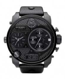 Dark-as-night, industrial-strength style, by Diesel. Watch crafted from black leather strap and round black ion-plated stainless steel case, 65x75mm. Knurled black chronograph dial features applied index, multiple subdials, negative display digital subdial at six o'clock, date window at four o'clock, lugs and logo. Quartz movement. Water resistant to 50 meters. Two-year limited warranty.