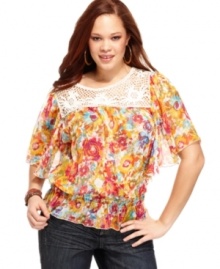 Be a boho beauty with Belle Du Jour's butterfly sleeve plus size top, featuring an on-trend floral print and peplum waist. Be a boho beauty with Belle Du Jour's butterfly sleeve plus size top, featuring an on-trend floral print and peplum waist.