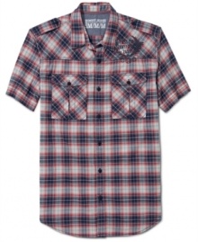This short-sleeved plaid shirt from DKNY Jeans is ready to rock summer cool. This short-sleeved plaid shirt from DKNY Jeans is ready to rock summer cool.