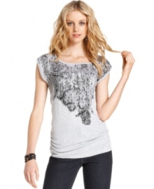 Lace and rhinestones embolden this classic DKNY Jeans tee for a look that's casual and girly at once. Lace and rhinestones embolden this classic DKNY Jeans tee for a look that's casual and girly at once.