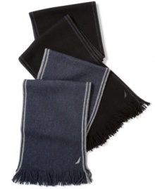 Adding a stylish edge to your cold-weather look: Nautica's muffler woven with contrast stripes at each selvedge. Adding a stylish edge to your cold-weather look: Nautica's muffler woven with contrast stripes at each selvedge.