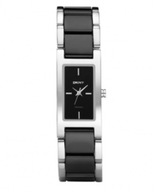 Command attention with this refined watch by DKNY. Stainless steel bracelet with center links of black ceramic and rectangular case. Black dial features silver tone stick indices at twelve, three, six and nine o'clock, three hands and logo. Quartz movement. Water resistant to 50 meters. Two-year limited warranty.