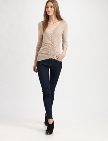 Intricate ruching fronts this long-sleeve modal and silk tee. V-neckLong sleevesFront ruching90% modal/10% silkDry cleanMade in USAAdditional Information Women's Premier Designer & Contemporary Size Guide Intricate ruching fronts this long-sleeve modal and silk tee. V-neckLong sleevesFront ruching90% modal/10% silkDry cleanMade in USAAdditional Information Women's Premier Designer & Contemporary Size Guide