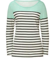 Spring-favorite stripes get a cool colorblock in Steffen Schrauts tri-tone top - Wide neckline, long sleeves - Fitted - Wear with favorite skinnies and bright leather flats Spring-favorite stripes get a cool colorblock in Steffen Schrauts tri-tone top - Wide neckline, long sleeves - Fitted - Wear with favorite skinnies and bright leather flats