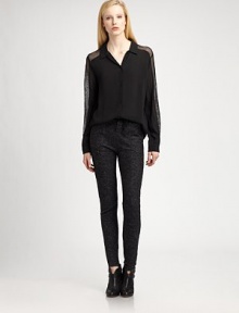 A downtown take on a classic silhouette, this art-like layer is finished with angular tulle panels at the shoulders, sleeves and back.Point collarV-neckLong sleeves with cuffsButton frontMiddle back pleatAbout 28 from shoulder to hemLinedBody: viscoseTulle panels: 80% cotton/20% polyesterDry cleanImportedModel shown is 5'11 (180cm) wearing US size Small. A downtown take on a classic silhouette, this art-like layer is finished with angular tulle panels at the shoulders, sleeves and back.Point collarV-neckLong sleeves with cuffsButton frontMiddle back pleatAbout 28 from shoulder to hemLinedBody: viscoseTulle panels: 80% cotton/20% polyesterDry cleanImportedModel shown is 5'11 (180cm) wearing US size Small.