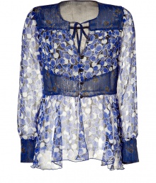 Boho-chic electric blue lurex silk top from Anna Sui- Get the of-the-moment 1970s-inspired look with this haute hippie silk top - Cool pop-art floral print with contrasting yolk, waistband, and sleeves- Button closure and tie-neck detail - Wear with wide-leg trousers, platforms, and a fitted trench Boho-chic electric blue lurex silk top from Anna Sui- Get the of-the-moment 1970s-inspired look with this haute hippie silk top - Cool pop-art floral print with contrasting yolk, waistband, and sleeves- Button closure and tie-neck detail - Wear with wide-leg trousers, platforms, and a fitted trench