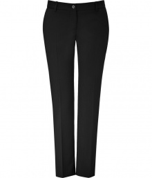 Stylish pant in fine, synthetic fiber and wool stretch blend - Classically elegant in black with subtle, monochrome pin stripe - Modern silhouette is slim and crops at ankles - Pleat detail at front and back extends from hip to hem, lengthening and flattering the leg - Button closure and belt loops - Welt pockets at rear - A sleek, sophisticated go-to for day and evening - Pair with a silk or sequin blouse, a blazer and platform pumps Stylish pant in fine, synthetic fiber and wool stretch blend - Classically elegant in black with subtle, monochrome pin stripe - Modern silhouette is slim and crops at ankles - Pleat detail at front and back extends from hip to hem, lengthening and flattering the leg - Button closure and belt loops - Welt pockets at rear - A sleek, sophisticated go-to for day and evening - Pair with a silk or sequin blouse, a blazer and platform pumps