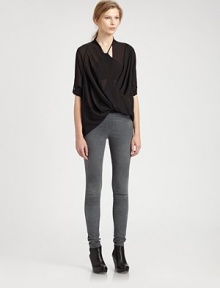 Pure primal elegance, this velvety leather design has a leggings-style silhouette and four-pocket styling. Elastic waistbandFour-pocket styleRise, about 8Inseam, about 32LeatherDry clean with leather specialistImported of French fabricModel shown is 5'9 (176cm) wearing US size 4. Pure primal elegance, this velvety leather design has a leggings-style silhouette and four-pocket styling. Elastic waistbandFour-pocket styleRise, about 8Inseam, about 32LeatherDry clean with leather specialistImported of French fabricModel shown is 5'9 (176cm) wearing US size 4.
