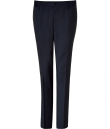 Elegant trousers in fine, wool stretch blend - Classically cool in navy with chic pin stripe - Modern, slim cut is more fitted through legs - Crease detail flatters and elongates the silhouette - Medium rise, button closure and belt loops - Welt pockets at rear - Polished and sleek, an easy go-to in any wardrobe - Dress up with a blazer and button down, or go for a more casual look with a cashmere pullover or light cardigan Elegant trousers in fine, wool stretch blend - Classically cool in navy with chic pin stripe - Modern, slim cut is more fitted through legs - Crease detail flatters and elongates the silhouette - Medium rise, button closure and belt loops - Welt pockets at rear - Polished and sleek, an easy go-to in any wardrobe - Dress up with a blazer and button down, or go for a more casual look with a cashmere pullover or light cardigan