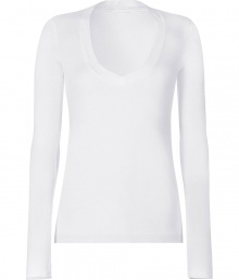 Stylish long sleeve t-shirt in white cotton - Super-soft, machine washable material - Flattering low V-neck with decorative trim - Relaxed slim cut with extra-long sleeves - Hits at hip - A genius basic ideal for layering beneath blazers and cardigans - Pair with denim or leather slim pants and style with scarves or colorful multi-strand necklaces Stylish long sleeve t-shirt in white cotton - Super-soft, machine washable material - Flattering low V-neck with decorative trim - Relaxed slim cut with extra-long sleeves - Hits at hip - A genius basic ideal for layering beneath blazers and cardigans - Pair with denim or leather slim pants and style with scarves or colorful multi-strand necklaces