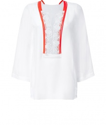 Bohemian style goes edgy with this neon-trimmed tunic from Schumacher - Cut out neckline with lace overlay and neon trim, kimono sleeves, side vents, tunic style - Wear with figure-hugging flared jeans, platform sandals, and a floppy hat Bohemian style goes edgy with this neon-trimmed tunic from Schumacher - Cut out neckline with lace overlay and neon trim, kimono sleeves, side vents, tunic style - Wear with figure-hugging flared jeans, platform sandals, and a floppy hat
