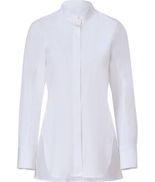 Perfect for layering over slim-cut separates, Jil Sanders stand-up collar blouse is essential for modern-minimalist looks - Stand-up collar, long sleeves, wide buttoned cuffs, hidden button-down front, slit sides, curved hemline - Longer length, tailored fit - Wear with bright skinnies, flats and sleek leather totes Perfect for layering over slim-cut separates, Jil Sanders stand-up collar blouse is essential for modern-minimalist looks - Stand-up collar, long sleeves, wide buttoned cuffs, hidden button-down front, slit sides, curved hemline - Longer length, tailored fit - Wear with bright skinnies, flats and sleek leather totes