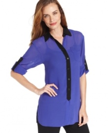 Ellen Tracy's chic colorblocked shirt is a wardrobe essential. Pair it with anything from skinny pants to a pencil skirt! Ellen Tracy's chic colorblocked shirt is a wardrobe essential. Pair it with anything from skinny pants to a pencil skirt!