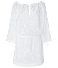 Romantic white tunic top is perfect for summer days - Drawstring creates sweets, flirtatious round neckline with tie closure - Wide, 3/4-length sleeves feature ties - Enhanced waist - White-on-white floral embroidery with eyelets - Pair with skinny jeans or leggings and simple sandals for a relaxed warm-weather look Romantic white tunic top is perfect for summer days - Drawstring creates sweets, flirtatious round neckline with tie closure - Wide, 3/4-length sleeves feature ties - Enhanced waist - White-on-white floral embroidery with eyelets - Pair with skinny jeans or leggings and simple sandals for a relaxed warm-weather look