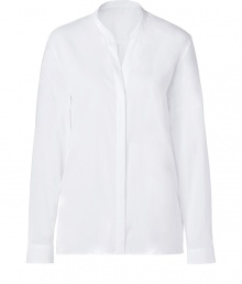The classic white blouse gets a modern makeover with this breezy, sheer version from Hugo - Stand collar, concealed front button placket, long sleeves, relaxed silhouette, semi-sheer - Pair with slim jeans, cropped trousers, or a pencil skirt The classic white blouse gets a modern makeover with this breezy, sheer version from Hugo - Stand collar, concealed front button placket, long sleeves, relaxed silhouette, semi-sheer - Pair with slim jeans, cropped trousers, or a pencil skirt