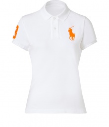 Detailed in breathable cotton mesh, Ralph Laurens neon detailed big pony polo is a cool modern take on this iconic style - Small collar, button placket, short sleeves, oversized neon orange embroidered polo player at chest and number patch on sleeve, slit sides, high-low hemline - Classic slim fit - Wear with your favorite jeans and just as bright loafers Detailed in breathable cotton mesh, Ralph Laurens neon detailed big pony polo is a cool modern take on this iconic style - Small collar, button placket, short sleeves, oversized neon orange embroidered polo player at chest and number patch on sleeve, slit sides, high-low hemline - Classic slim fit - Wear with your favorite jeans and just as bright loafers