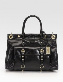 An impeccably-structured bag, crafted from lustrous leather with croc-stamped trim and buckled straps.Double top handles, 5 dropAdjustable shoulder strap, 12-25 dropMagnetic top closureOne outside magnetic snap pocketProtective metal feetOne inside zip pocketTwo inside open pocketsCotton lining15W X 10H X 6½DImported An impeccably-structured bag, crafted from lustrous leather with croc-stamped trim and buckled straps.Double top handles, 5 dropAdjustable shoulder strap, 12-25 dropMagnetic top closureOne outside magnetic snap pocketProtective metal feetOne inside zip pocketTwo inside open pocketsCotton lining15W X 10H X 6½DImported