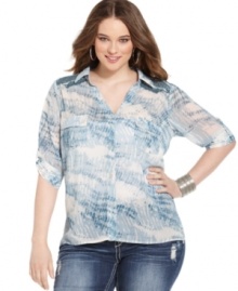 Rock a groovy print with American Rag's three-quarter sleeve plus size top, finished by a crocheted back. Rock a groovy print with American Rag's three-quarter sleeve plus size top, finished by a crocheted back.