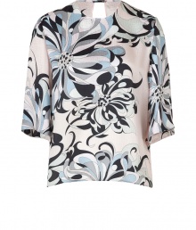 With a vivid flower print and subtle allover reptile-like patterning, Emilio Puccis loose-fitting silk top is as contemporary as it is chic - Allover reptile-like patterned silk, round neckline, wide 3/4 sleeves, slit back with jeweled button closure at nape - Loosely fitted - Wear with solid separates and statement heels With a vivid flower print and subtle allover reptile-like patterning, Emilio Puccis loose-fitting silk top is as contemporary as it is chic - Allover reptile-like patterned silk, round neckline, wide 3/4 sleeves, slit back with jeweled button closure at nape - Loosely fitted - Wear with solid separates and statement heels