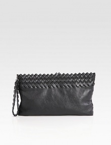This supple, pebbled leather design is accented with a woven leather trim and wristlet strap.Wristlet strap, 5½ dropTop zip closureSuede lining11W X 6½H X ¾DMade in Italy This supple, pebbled leather design is accented with a woven leather trim and wristlet strap.Wristlet strap, 5½ dropTop zip closureSuede lining11W X 6½H X ¾DMade in Italy