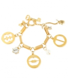 A cut above. Betsey Johnson's multi-charm bracelet is crafted from gold-tone mixed metal with faceted beads and glass crystal accents, adding to the appeal of the charms' cut-out motif. Approximate length: 7-1/2 inches. A cut above. Betsey Johnson's multi-charm bracelet is crafted from gold-tone mixed metal with faceted beads and glass crystal accents, adding to the appeal of the charms' cut-out motif. Approximate length: 7-1/2 inches.