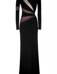 Exquisitely glamorous with peek-a-book mesh paneling, Emilio Puccis long sleeved evening gown is perfect for your most festive events - Rounded neckline in front, deep asymmetrical V in back, hidden side zip, form-fitting - Pair with a box clutch and sky-high platforms Exquisitely glamorous with peek-a-book mesh paneling, Emilio Puccis long sleeved evening gown is perfect for your most festive events - Rounded neckline in front, deep asymmetrical V in back, hidden side zip, form-fitting - Pair with a box clutch and sky-high platforms