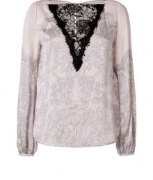 A romantic take on this seasons lace trend, Emilio Puccis printed silk top is as contemporary as it is chic - Boat neckline, sheer black lace front panel, charcoal lace printed silk, wide sleeves with gathered buttoned cuffs, slit with button closure at nape, shirttail hemline - Loosely fitted - Wear with leather leggings and statement suede ankle boots A romantic take on this seasons lace trend, Emilio Puccis printed silk top is as contemporary as it is chic - Boat neckline, sheer black lace front panel, charcoal lace printed silk, wide sleeves with gathered buttoned cuffs, slit with button closure at nape, shirttail hemline - Loosely fitted - Wear with leather leggings and statement suede ankle boots