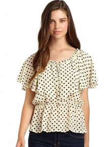 THE LOOKAllover polka dot printDraped ruffled bibFront keyhole with tie closureElastic waistTHE FITAbout 22 from shoulder to hemTHE MATERIALSilkCARE & ORIGINDry cleanImportedModel shown is 5'10 (177cm) wearing US size Small. THE LOOKAllover polka dot printDraped ruffled bibFront keyhole with tie closureElastic waistTHE FITAbout 22 from shoulder to hemTHE MATERIALSilkCARE & ORIGINDry cleanImportedModel shown is 5'10 (177cm) wearing US size Small.
