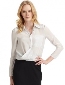 THE LOOKPoint collarDouble patch pockets at chestLong sleeves with button cuffsButton closureElastic waistTHE FITAbout 18 from shoulder to hemTHE MATERIALSilkCARE & ORIGINDry cleanImportedModel shown is 5'10½ (179cm) wearing US size Small. THE LOOKPoint collarDouble patch pockets at chestLong sleeves with button cuffsButton closureElastic waistTHE FITAbout 18 from shoulder to hemTHE MATERIALSilkCARE & ORIGINDry cleanImportedModel shown is 5'10½ (179cm) wearing US size Small.