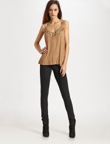 An ultra-feminine piece, hand-beaded with skin-baring cut-outs at the neck and back.V necklineSpaghetti strapsFlared bodyAbout 26 from shoulder to hemViscoseDry cleanImported An ultra-feminine piece, hand-beaded with skin-baring cut-outs at the neck and back.V necklineSpaghetti strapsFlared bodyAbout 26 from shoulder to hemViscoseDry cleanImported