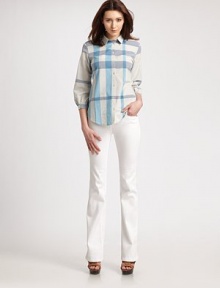 A new classic, this design features a perfectly checked print in must-have hues.Collar neckThree-quarter sleevesButton frontCurved hemBack yokeAbout 23 from shoulder to hem49% polyester/45% cotton/6% metallic threadDry cleanImported Model shown is 5'11½ (181cm) wearing US size Small. A new classic, this design features a perfectly checked print in must-have hues.Collar neckThree-quarter sleevesButton frontCurved hemBack yokeAbout 23 from shoulder to hem49% polyester/45% cotton/6% metallic threadDry cleanImported Model shown is 5'11½ (181cm) wearing US size Small.