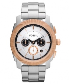 This industrial-inspired watch from Fossil's Machine collection receives a sophisticated upgrade with rose-gold accents. This industrial-inspired watch from Fossil's Machine collection receives a sophisticated upgrade with rose-gold accents.