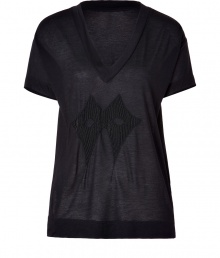 Work a dramatic edge into your contemporary staples with Twenty8twelves bead embellished tee - V-neckline, short sleeves, slit sides - Easy straight fit - Wear over leather leggings with ankle boots, and cropped jackets Work a dramatic edge into your contemporary staples with Twenty8twelves bead embellished tee - V-neckline, short sleeves, slit sides - Easy straight fit - Wear over leather leggings with ankle boots, and cropped jackets