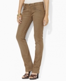 Designed in stretch denim for comfort and a flattering fit, Lauren Jeans Co.'s classic straight-leg jean is distinguished by a rich, earthy hue and chic zip-up pockets.