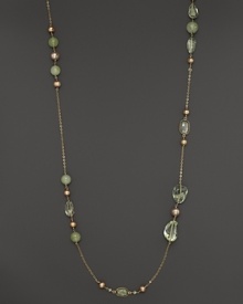 Champagne cultured freshwater pearls mix with green amethyst and prehnite in this 14K yellow gold necklace from Lara Gold for LTC. Champagne cultured freshwater pearls mix with green amethyst and prehnite in this 14K yellow gold necklace from Lara Gold for LTC.