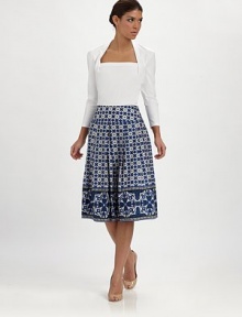 A perfectly printed and pleated A-line design that is guaranteed to be a must-have this season. Wide waistbandPleated details on front and backSide zipperAbout 27 long97% cotton/3% elastaneDry cleanImported of Italian fabric